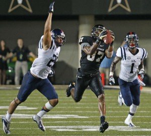 Vanderbilt’s Jordan Matthews hauls in a long reception vs. Ole Miss in 2013. / Photo courtesy Vanderbilt University