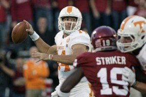 Tennessee quarterback Justin Worley led the Vols against No. 2 Oklahoma Saturday night. Photo by Brett Deering, Getty Images