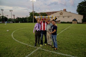 (l-r): Andy Poklad, Devinder Sandhu, Lynn Agee, Mark Photivihok, commemorating the tradition of the Nashville Metros that preceded the founding of Nashville FC. PHOTO CREDIT: BILL HOBBS/BILLHOBBS.COM