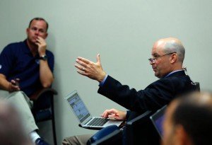 ESPN.com reporter and MidDay180 co-host Paul Kuharsky asking a question during a Tennessee Titans press conference. PHOTO COURTESY OF TENNESSEE TITANS
