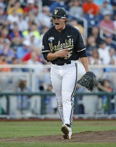 Vanderbilt’s Carson Fulmer, the team’s top starting pitcher and the squad’s emotional leader, celebrates a big moment in Omaha. PHOTO COURTESY OF VANDERBILT UNIVERSITY
