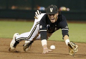 Vandy’s Dansby Swanson, the Most Valuable Player of the 2014 College World Series, fields a ground ball during the 2014 season. PHOTO COURTESY OF VANDERBILT UNIVERSITY