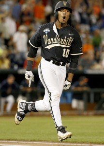 Vanderbilt’s John Norwood celebrates his stunning home run off Virginia ace Nick Howard that earned the Commodores a national title. PHOTO COURTESY OF VANDERBILT UNIVERSITY