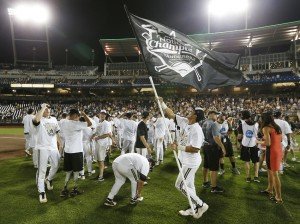 Vanderbilt players gather on the field shortly after their national championship victory. PHOTO COURTESY OF VANDERBILT UNIVERSITY