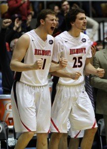 The Belmont bench celebrates as the Bruins dominate their quarterfinal game at the OVC Tournament. PHOTO BY MATTHEW MAXEY