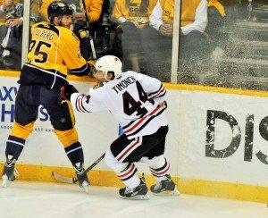 Role Reversal. In 2013, Preds forward Viktor Stalberg (25) won a Stanley Cup with Chicago. Blackhawks defenseman Kimmo Timonen (44) spent eight seasons in Nashville. PHOTO COURTESY SLAPSHOT RADIO