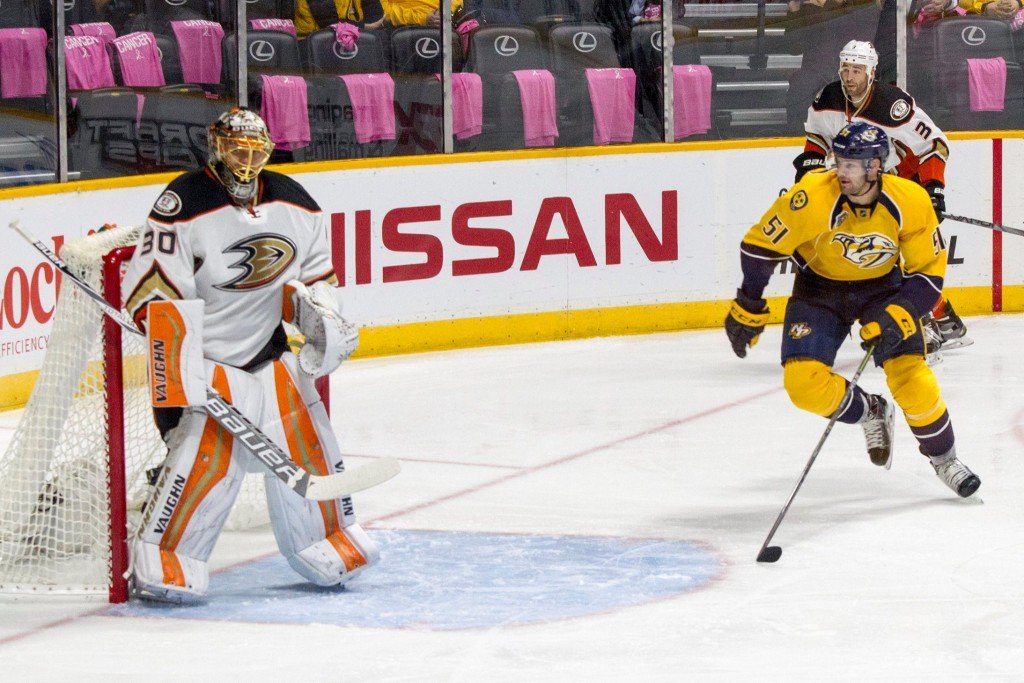 Preds former first-round draft choice (2010) Austin Watson played three seasons in Milwaukee (AHL) before getting his chance to stick with the Preds. He has a goal and an assist in his first five games this season. PHOTO BY DAVID MCCARGAR
