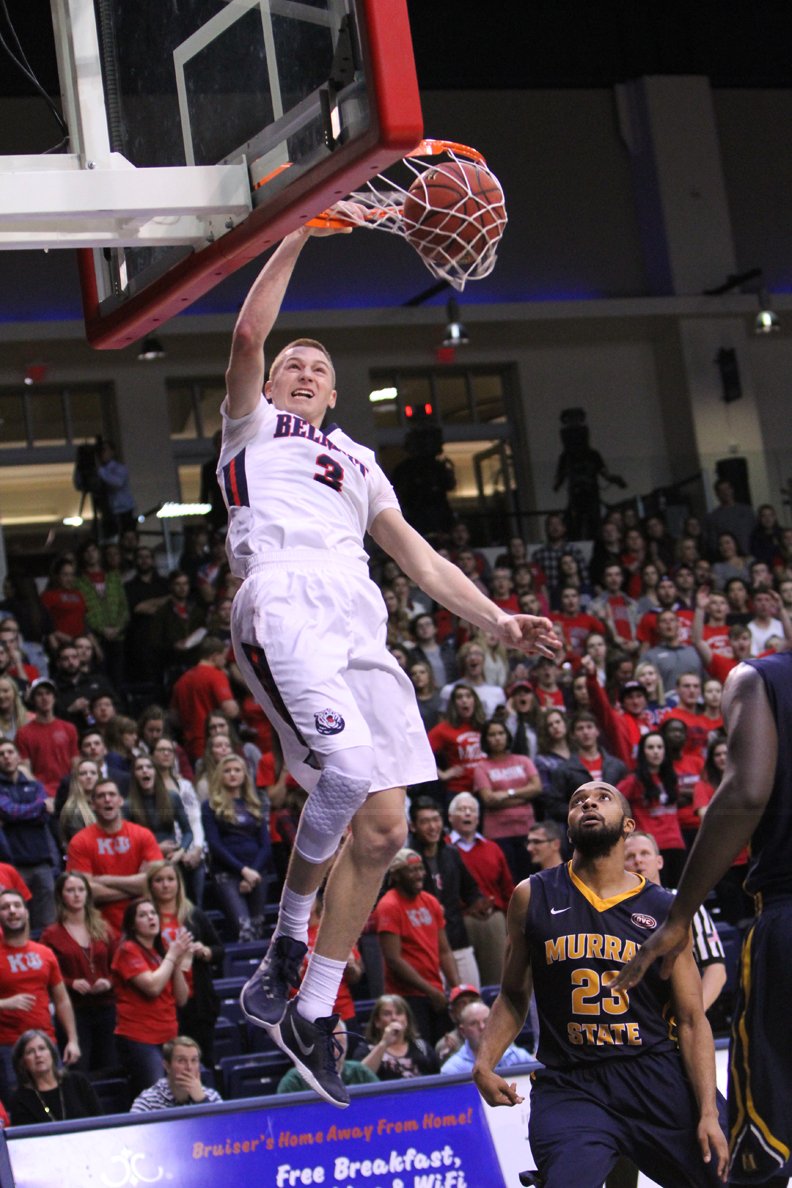 Belmont's Dylan Windler added even more energy to the Belmont vs. Murray State game with this huge dunk. PHOTO BY MATTHEW MAXEY