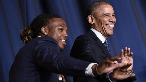 Derrick Henry, showing off his Heisman pose for the president, will now show off his skills at the NFL Combine. PHOTO COURTESY UNIVERSITY OF ALABAMA