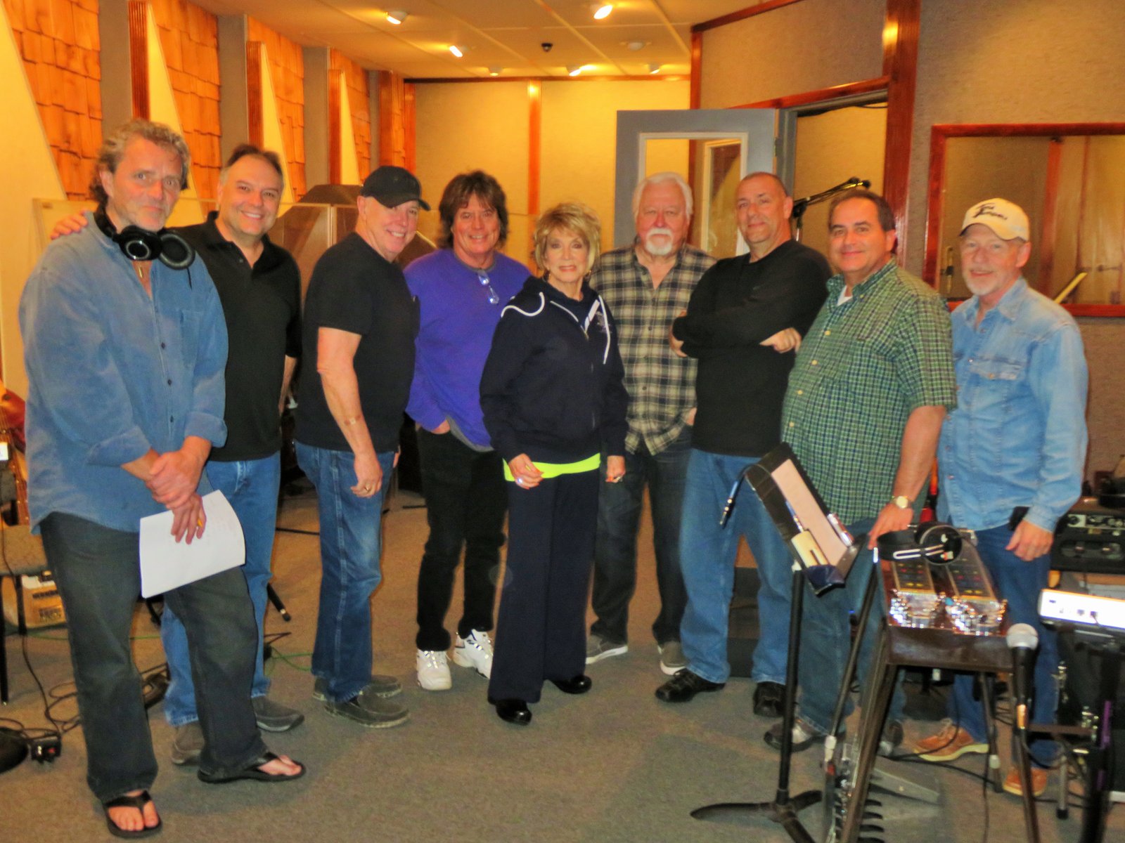 At Hilltop Studios in Madison, TN working on Jeannie's new songwriter project. L to R: Dug Grieves (guitar), John Nicholson (engineer), Eddy Bayers (drums) Tim Atwood (piano), Jeannie Seely (artist), Jimmy Capps (guitar), Danny Davis (bass), Tommy White (steel) and Kenny Sears (fiddle). PHOTO COURTESY ROXANE ATWOOD