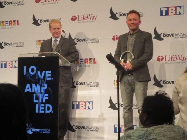 Chris Tomlin and President & CEO of SoundExchange Michael Huppe in the media room at the 2016 Dove Awards. PHOTO BY CILLEA HOUGHTON