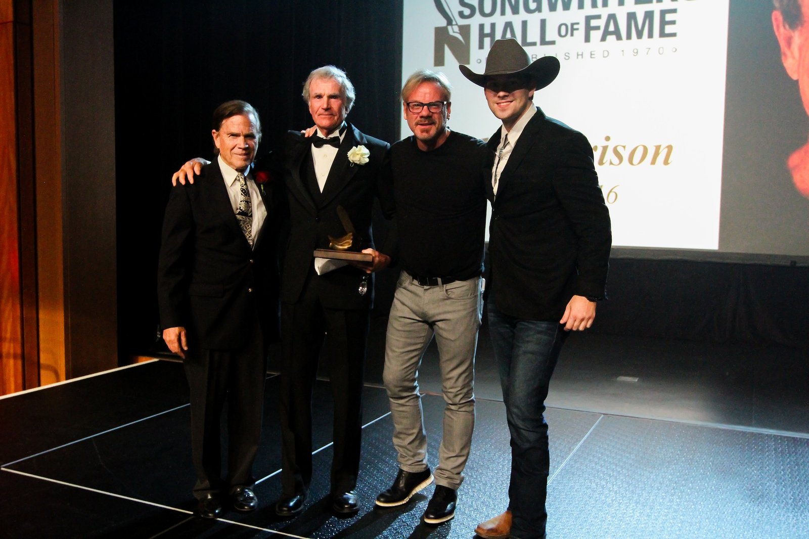 Layng Martine, Jr., Bob Morrison, Phil Vassar and William Michael Morgan / taken just after Morrison’s acceptance of HOF award. PHOTO BY BEV MOSER/COURTESY OF NASHVILLE SONGWRITERS HALL OF FAME